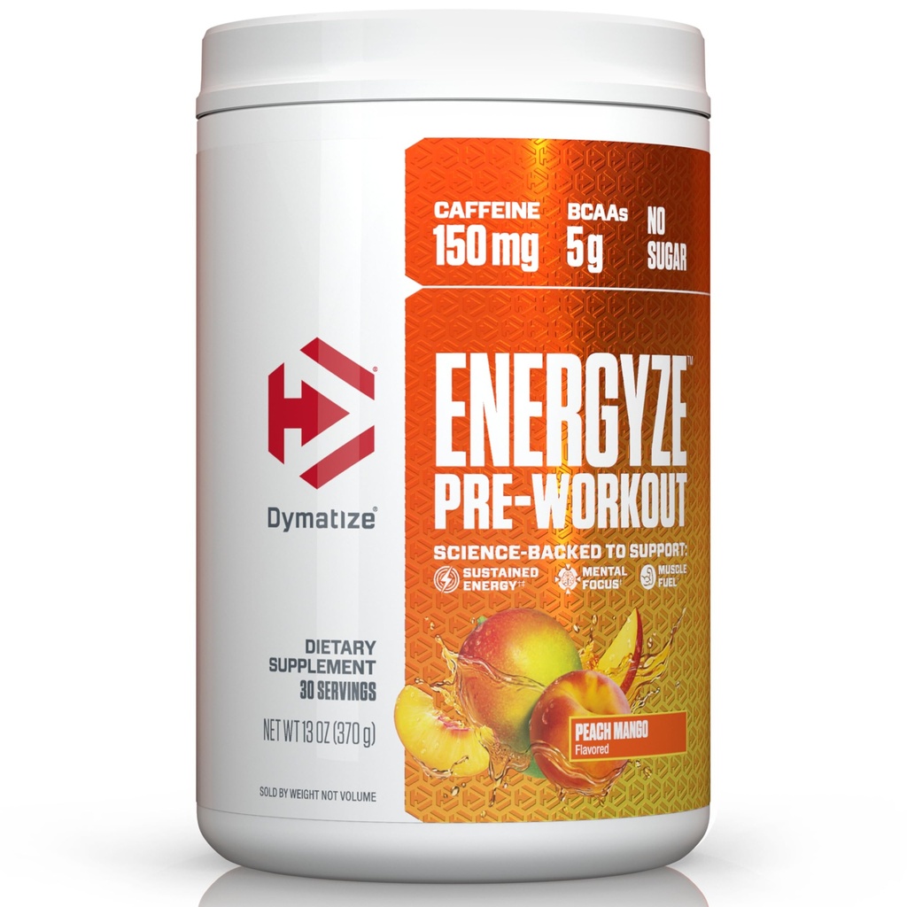Dymatize Energyze Pre Cvičenie Powder pre mužov a ženy, Peach Mango, 150 mg kofeínu, 5g BCAA, Performance Blend of L-Theanine, L-Tyrosine, L-Citrulline, No Sugar (30 Servings)