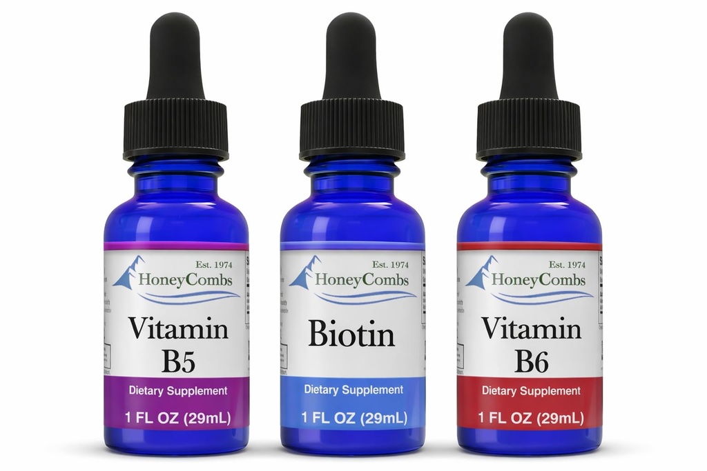 HoneyCombs Tekuté kvapky 1oz Každý ušetrite 10% - vitamín B7 (biotín) + vitamín B5 (kyselina pantoténová) + vitamín B6 (pyridoxín)
