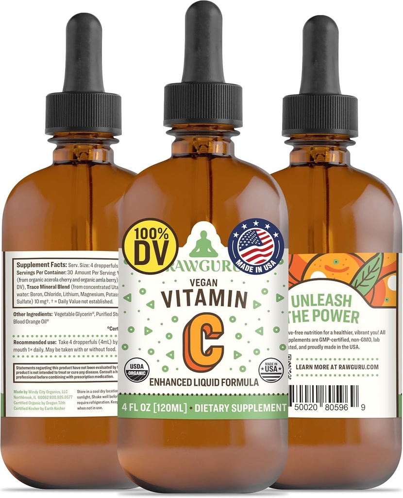 RawGuru Organic Vitamín C Tinktúra - Tekutý vitamín C s stopovými minerálmi - Nano-Processed Antioxidant a imunitná podpora doplnok Tinktúra - 30 Podáva sa vegan kvapky na 120 ml, Balenie 1