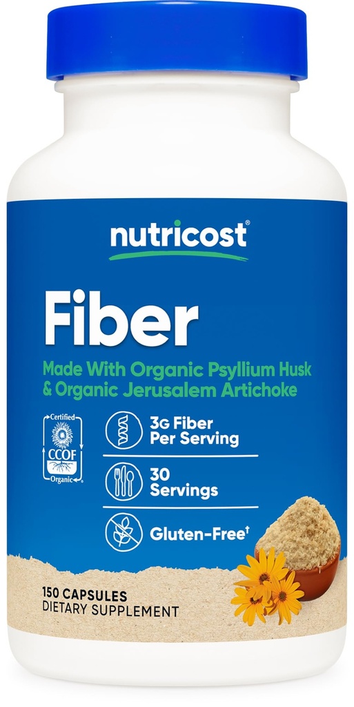 Nutricost Fiber Kapsule s Prebiotické Fiber Supplement 150 Kapsule - CCOF Certified Supplement, Made with Organic Psyllium Husk & Organic Jerusalem Artičok, Gluten Free, 3 G Per Serving