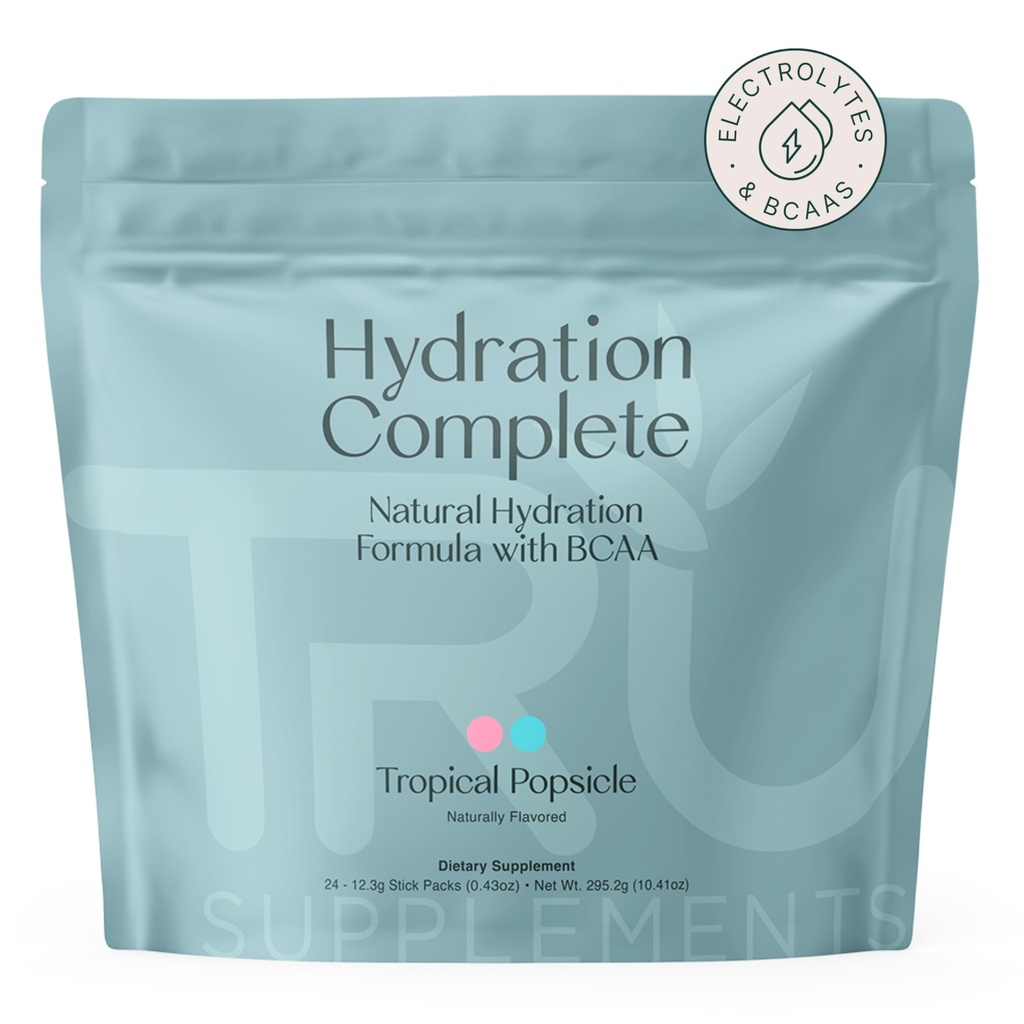 TRU Doplnky Hydratácia Kompletná BCAA, Rastlinné Aminokyseliny + ružová himalájová soľ, Elektrolyty a L-karnitín, Vegan, Zero kalórií, Žiadne umelé sladidlá, 24 Servis, Tropical Napsicle