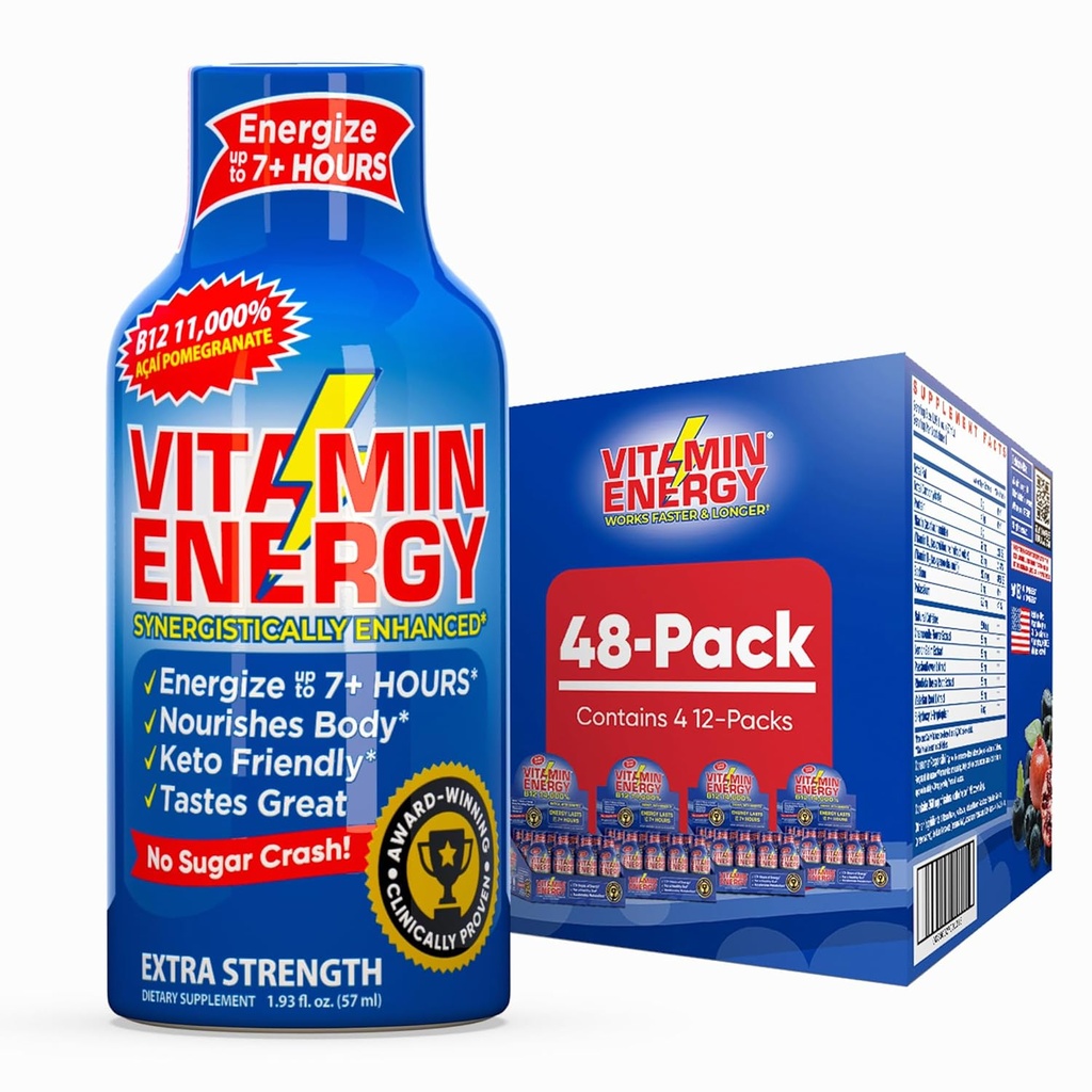 Vitamín Energy B12 11,000% Extra sila Energia Shot Açaí Pomegranate 48 Balenie, 260mg Prírodný kofeín, B12 & B6, Nootropic Focus, Vitality, Zero Sugar, Gluten-free, Vegan, Kosher, 1,93 fl oz