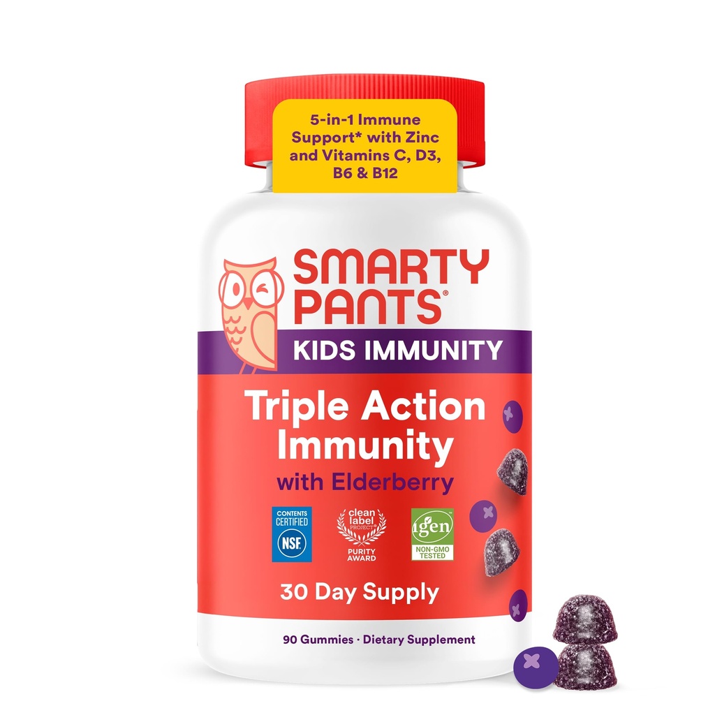 SmartyPants Kids Imunity Elderberry Gummies: Kids Imunity Suplement, Vitamín C, Vitamín D, Vitamín B6 & B12 a Zinok, Gluten Free, Elderberry flavor, 60 Počet (30 Day Supply)