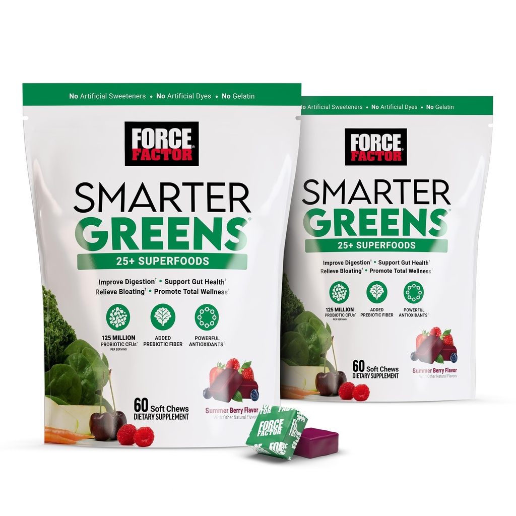 FORCE FACTOR Smart Greens Superfood Chews, 2-Pack, Greens a Superfoods s probiotikami, Antioxidanty, a Fiber, Greens doplnok na podporu trávenia, oxidu dusnatého a energie, 120 mäkké Chews