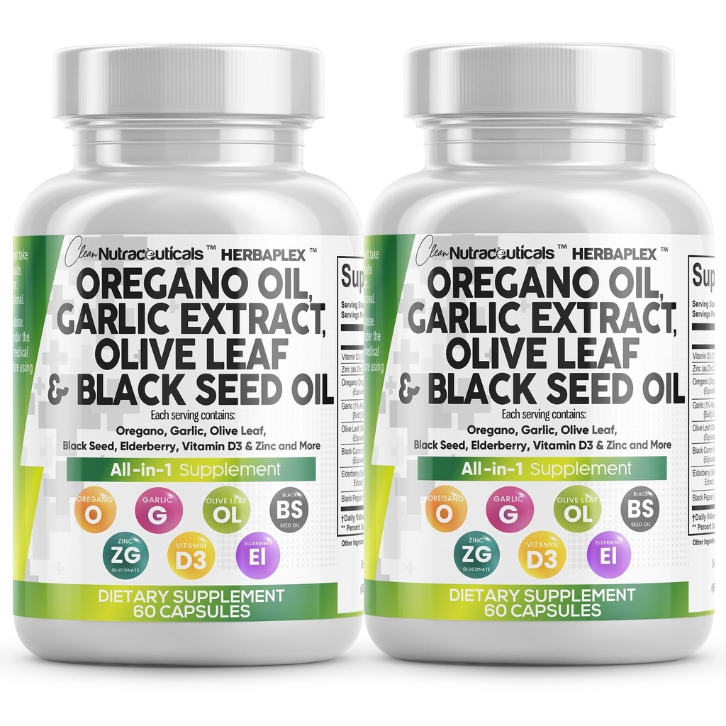 Čistá Nutraceuticals Oregano olej cesnak extrakt Olive Leaf Black Seed olej - Imunitná podpora a trávenie zdravie doplnok pre ženy a mužov s vitamín D3 a zinok - 2Pack