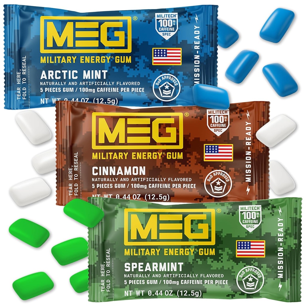 MEG Gum - Military Energy Gum 100mg Caffeine Per Piece - 15 ks Sample Pack - Energy and Focus to Boost Performace