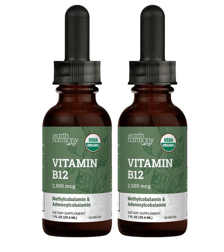 USDA Organický vitamín B12 2000mcg Sublingválny tekutý doplnok (2-Pack) - Vegan metylkobalamín kvapky pre prírodnú energiu, udržiavať metabolizmus, a imunitný systém podpora - 1 Fl Oz