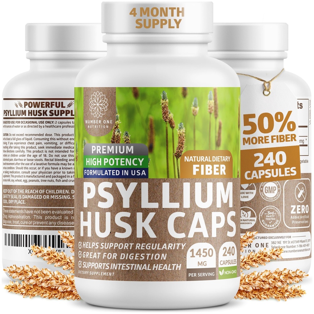 N1N Premium Psyllium Husk Kapsule [všetky prírodné,1450 MG] Výkonný Rozpustné vlákna doplnok k podpore Pravidelnosť a trávenie zdravie, 240 Caps