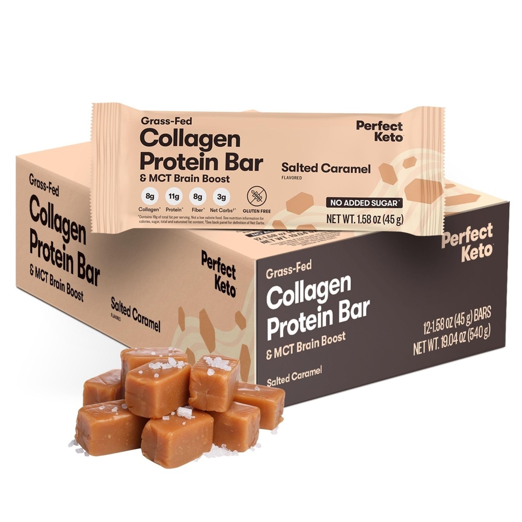Perfektné Keto Bary - Najčistejšie Keto Snacks s kolagénom a MCT. No Added Sugar, Keto Diet Friendly - 3g Net Carbs, 19g Fat,11g Protein - Diet Food Desert (Salted Caramel, 12 Bars)