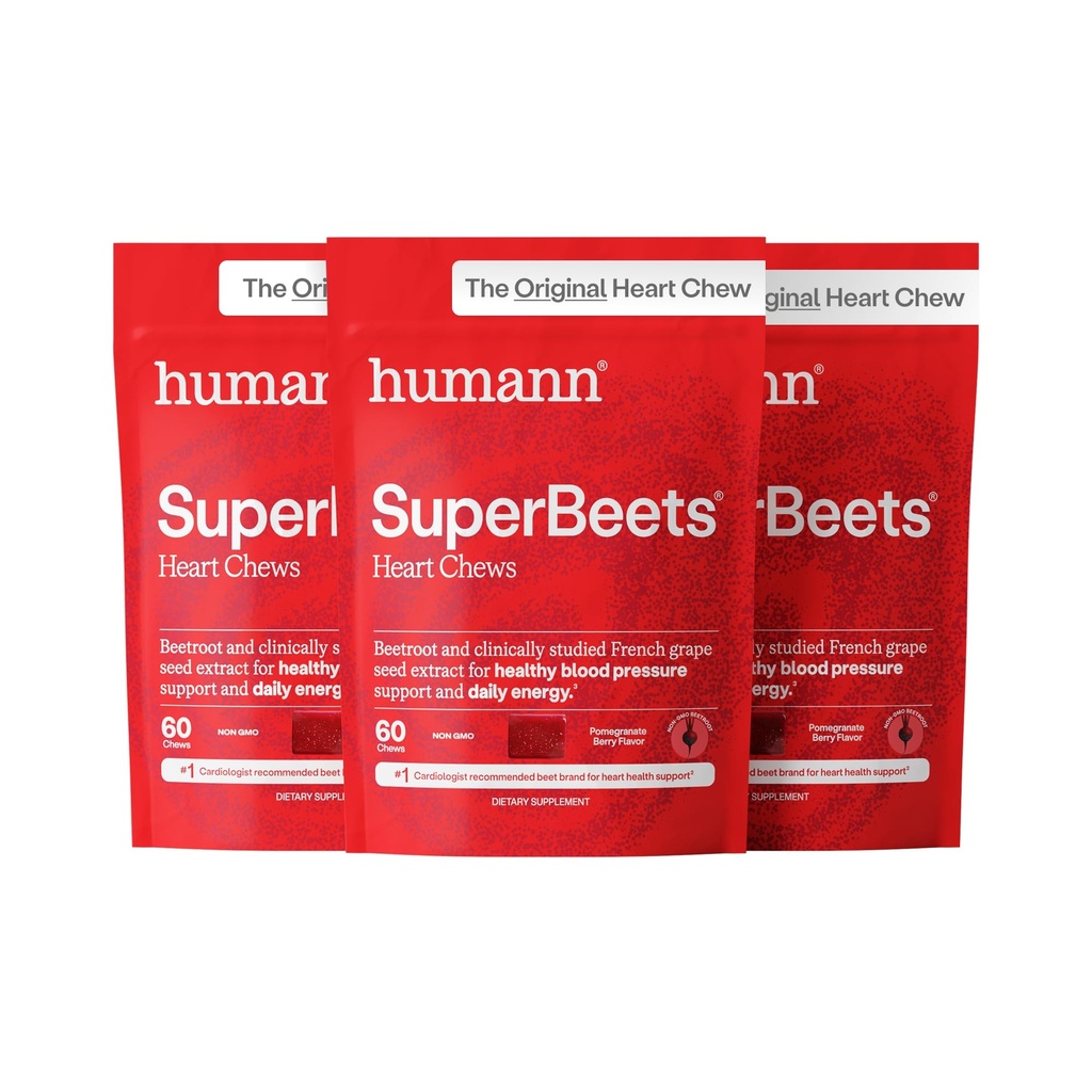 HumanN SuperBeets Heart Chews, Oxid dusnatý a podpora krvného tlaku, extrakt z hroznových semien & non-GMO koreň repy prášok energie, granátové jablko Berry Flavor, 180 Počet
