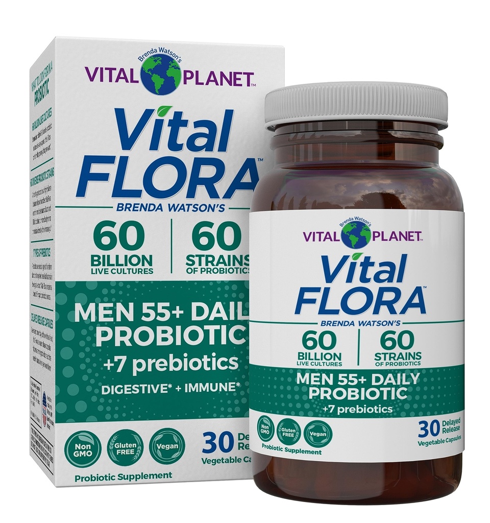 Vital Planet - Vital Flora Men 55+ Daily Probiotic, 60 miliárd CFU, 60 rôznych kmeňov, 7 Organic Prebiotics, Immune Support, Gas Relief, Colon and Digestive Health Probiotics od Muži 30 Kapsule
