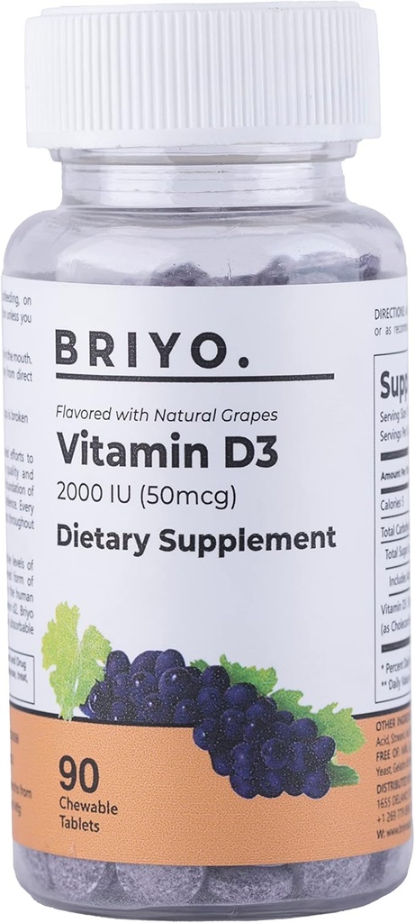 Briyo Vitamín d3 žuvacia tableta - 2000 IU (50 μg na obsluhu) - Delicious Natural Grape flavor, 90 Počet