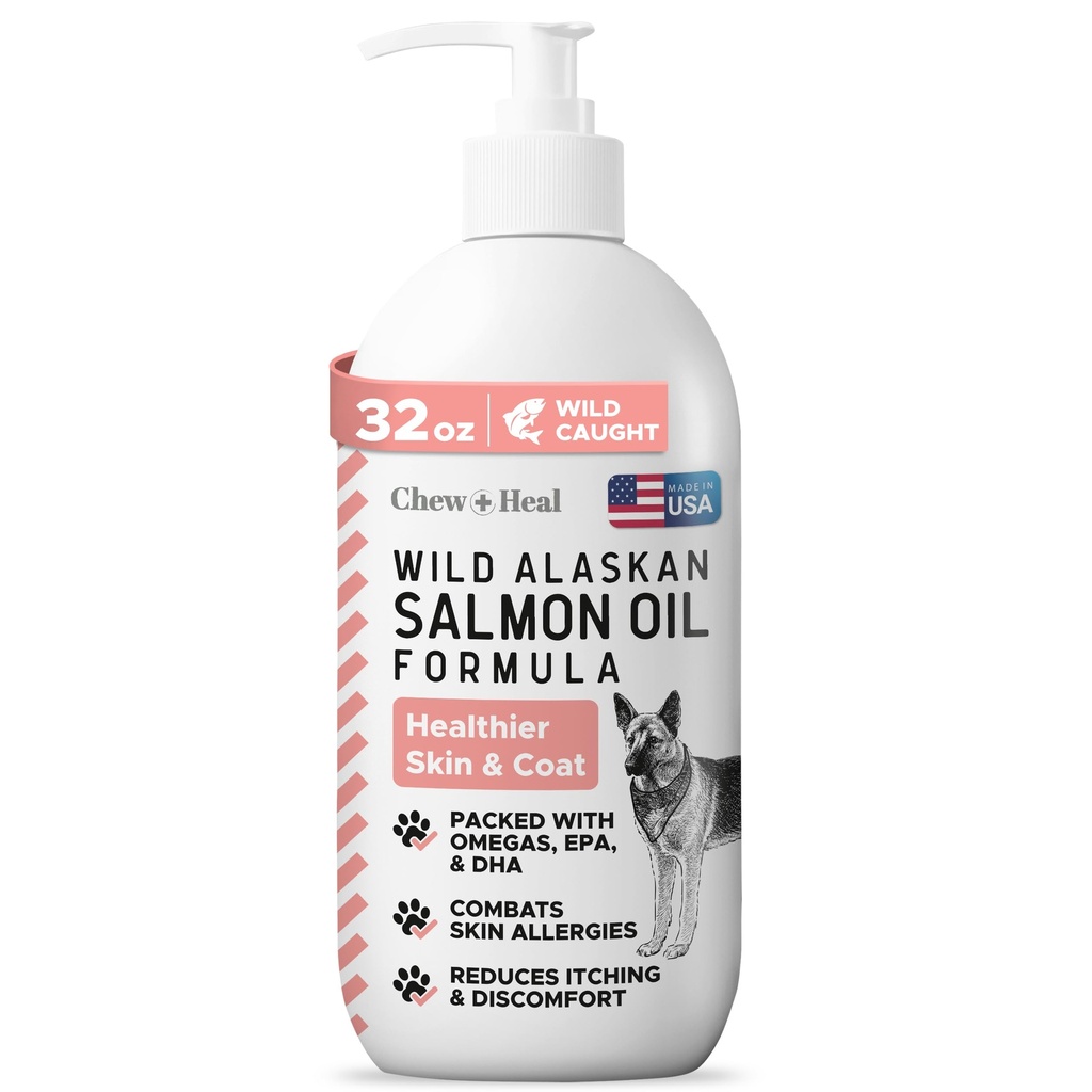 Wild Aljašský lososový rybí olej pre psy - 32 oz. rybieho oleja Vzorec - Pumpa Cap fľaša - Obsahuje Omega-3 a 6, Vitamín D, EPA, a DHA pre zdravú pokožku a pleť