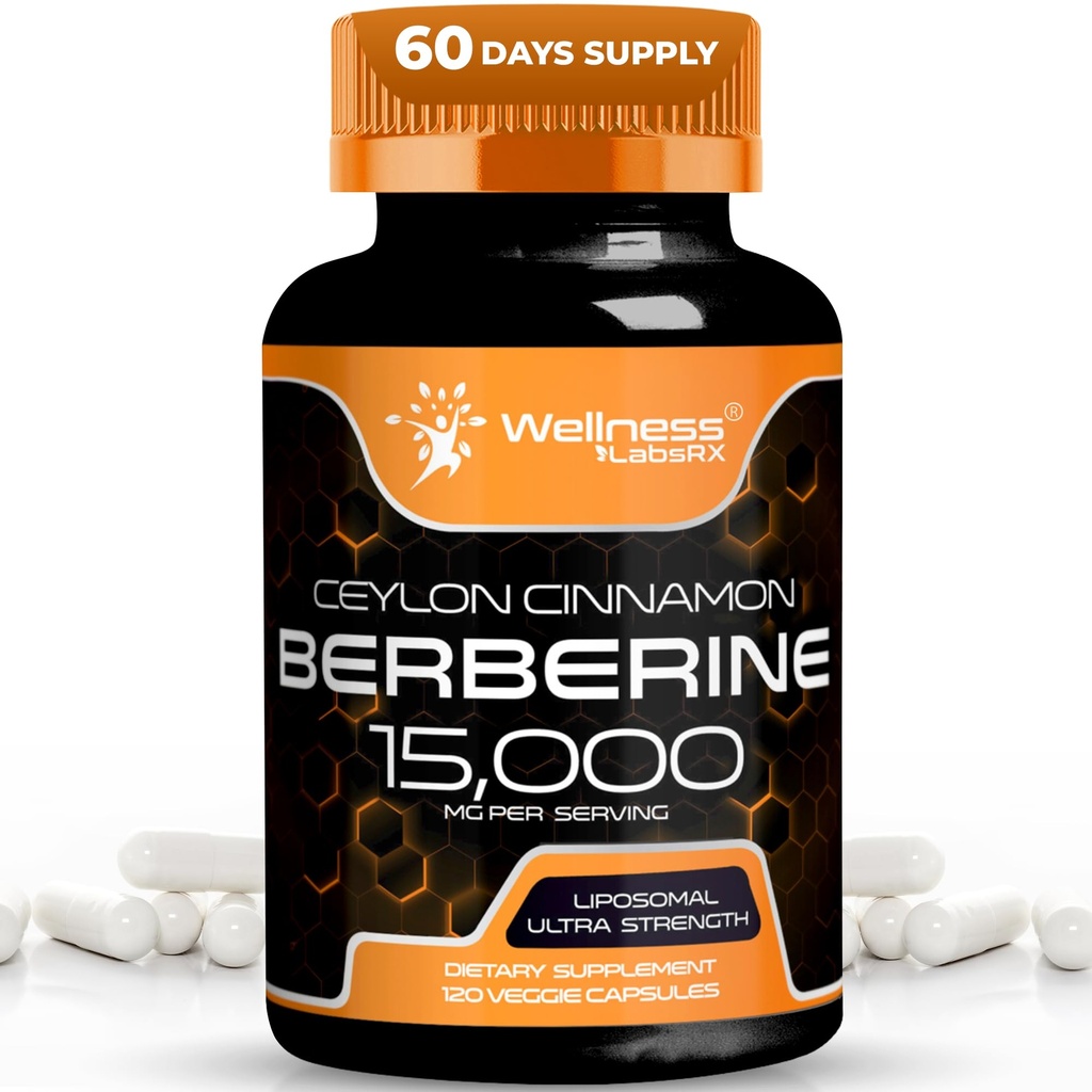 WELLNESS LABSRX Berberine Supplement 15,000mg - Berberine s cylonskou škoricou, Celková Wellness podpora Kapsule - 120 Kapsule (Pack of 1)