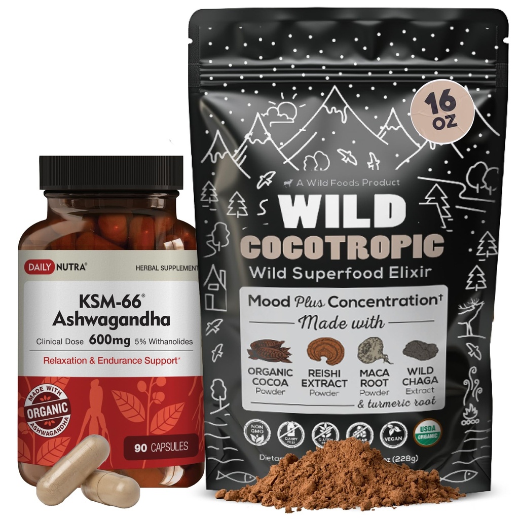 DailyNutra KSM 66 Ashwagandha (90 kapsúl) a Mushroom Cacao Mix (16oz) Bundle pre relaxáciu a zaostrovanie