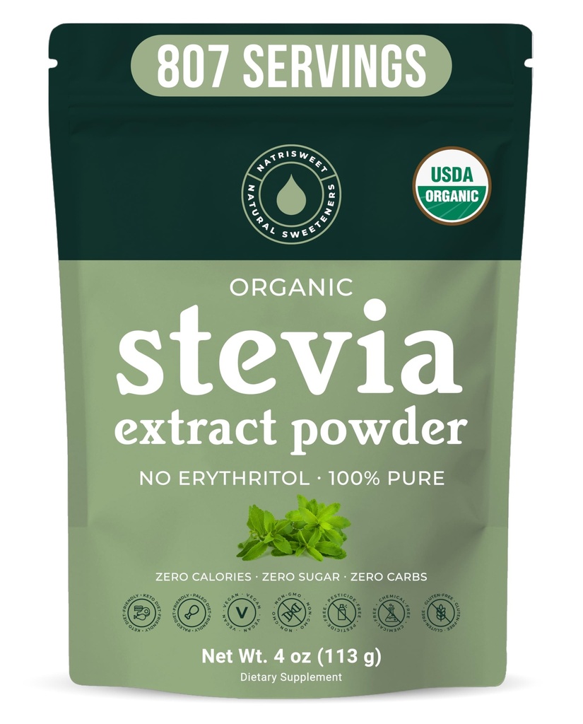 Organické 100% Pure Stevia prášok, 4 oz, Satify Sladké Cravings, znižuje hladinu cukru v krvi pre diabetikov, hromadne práškové Stevia extrakt sladidlo pre lepšie pečenie a nápoje, 800+ Slúži NatriSweet