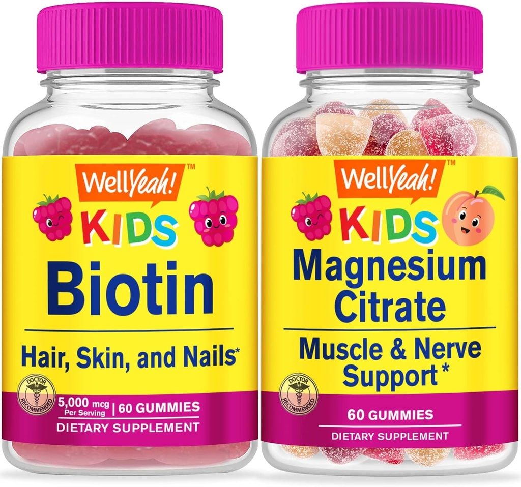 WellYeah Biotin Kids + horčík Dusičnan Kids, Gummies Bundle - veľké ochutnávky, vitamínové doplnky, bez lepku, bez GMO, Žuvacia Gummy