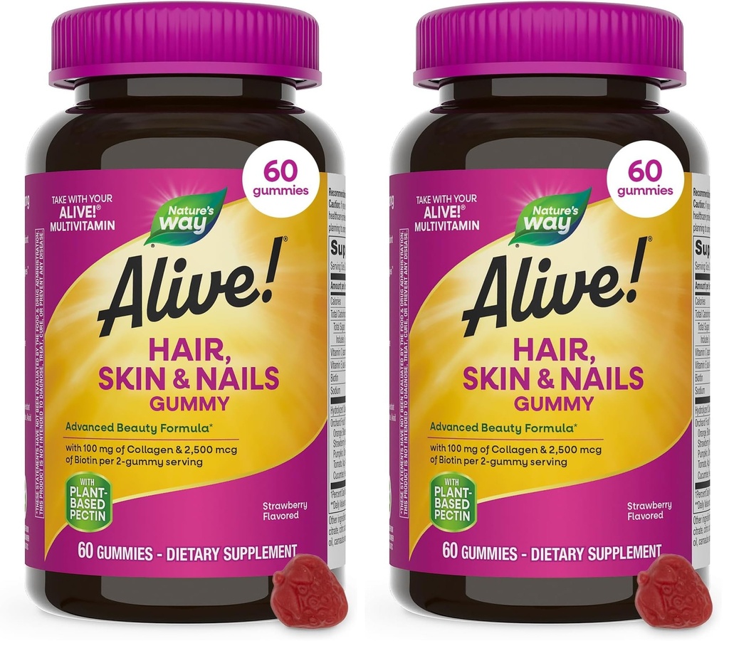 Príroda žije! Vlasy, kože a nechtov Gummy, Advanced Beauty Formula*, s biotínom a kolagénom, Jahodové ochutené, 60 Gumies (Backaging May Vary) (Back of 2)