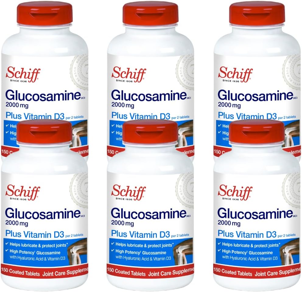 Schiff Glukozamín 2000 mg s vitamínom D3 a kyselinou hyalurónovou, 150 tabliet - Joint Supplement (Pack of 6)