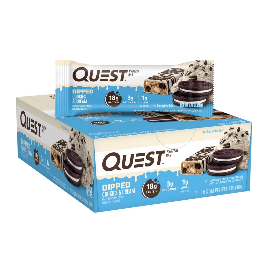 Quest Nutrition Dipped Cookies & Cream Protein Bars, High Protein, Low Carb, Gluten Free, Keto Friendly, 12 Count