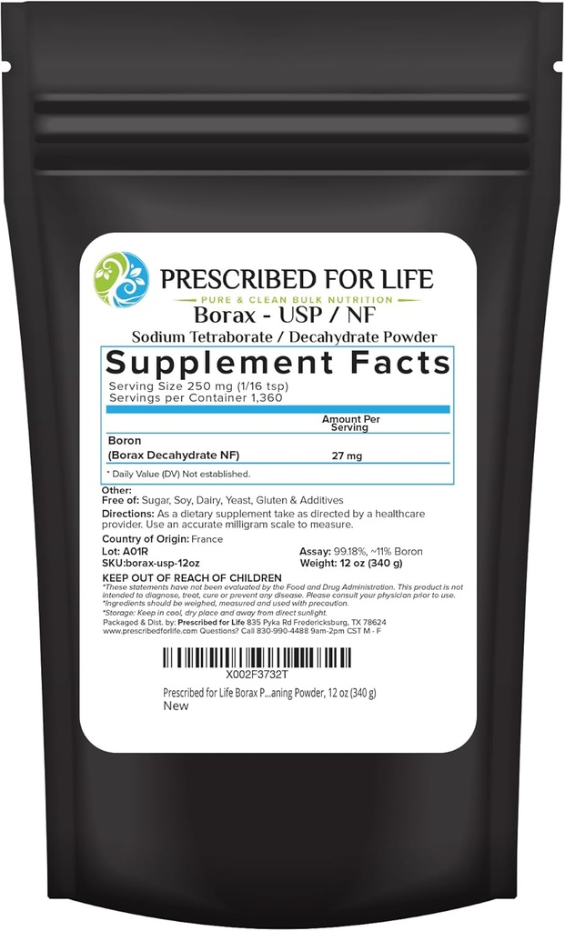 Predpísané pre život Borax Powder, Pure USP NF stupeň Všetky prírodné sodík Borate Powder, Domáce Práčovňa Booster, Slime Activator & Multipurpose Čistiaci Powder (12oz / 340g)