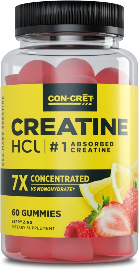 CON-CRET Creatine HCl Gummies for Men & Women | Muscle, Cognitive, Cellular Energy Support | No Bloating or Cramps | USA Made | Berry Zing (60 Count)