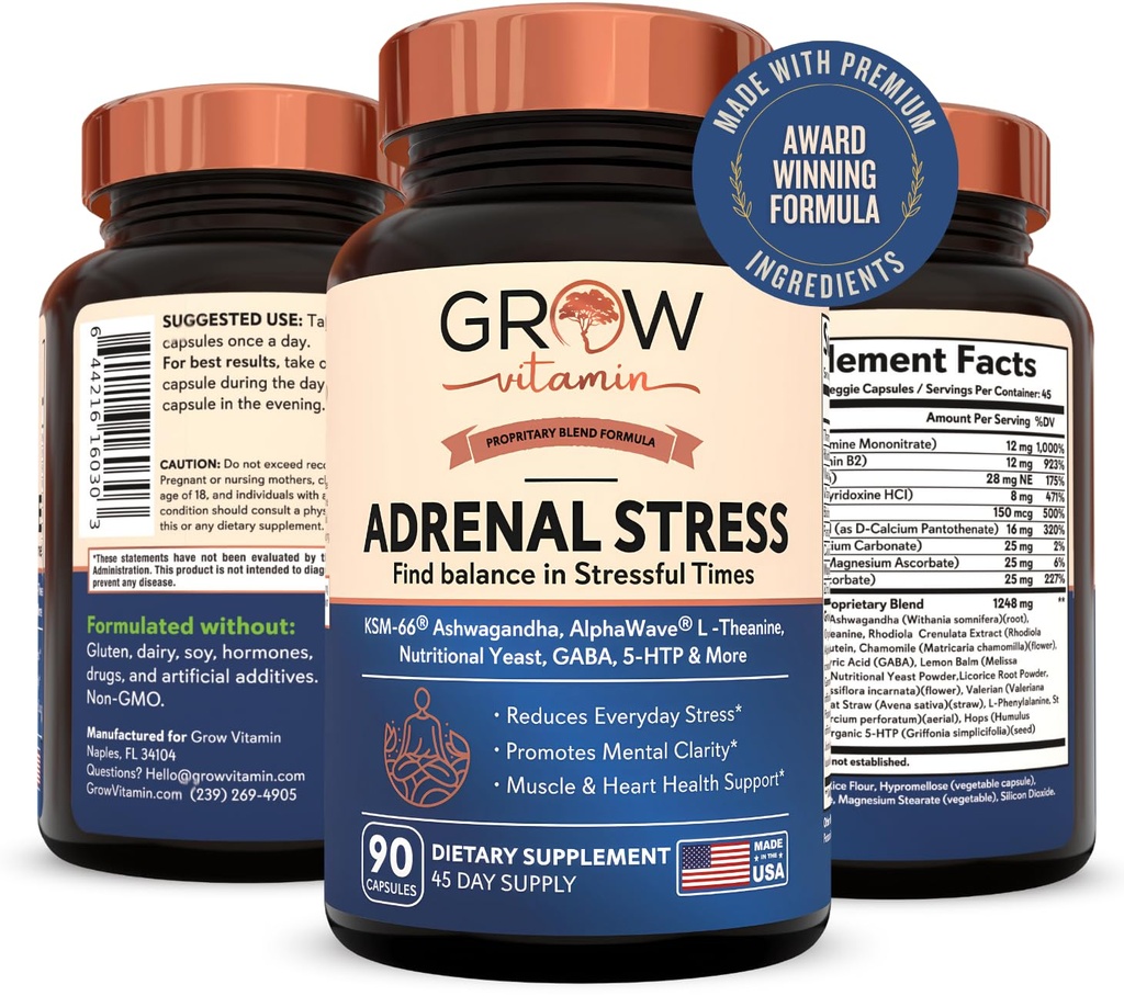 Grow Vitamin Adrenal Stres Advanced Formula, Organické KSM-66 Ashwagandha s AlphaWave L-Theanine, 5-HTP, Horčík Blend - Každý deň úľava od stresu, Podpora nálady, kognitívne, zdravie mozgu, 90 Kapsule