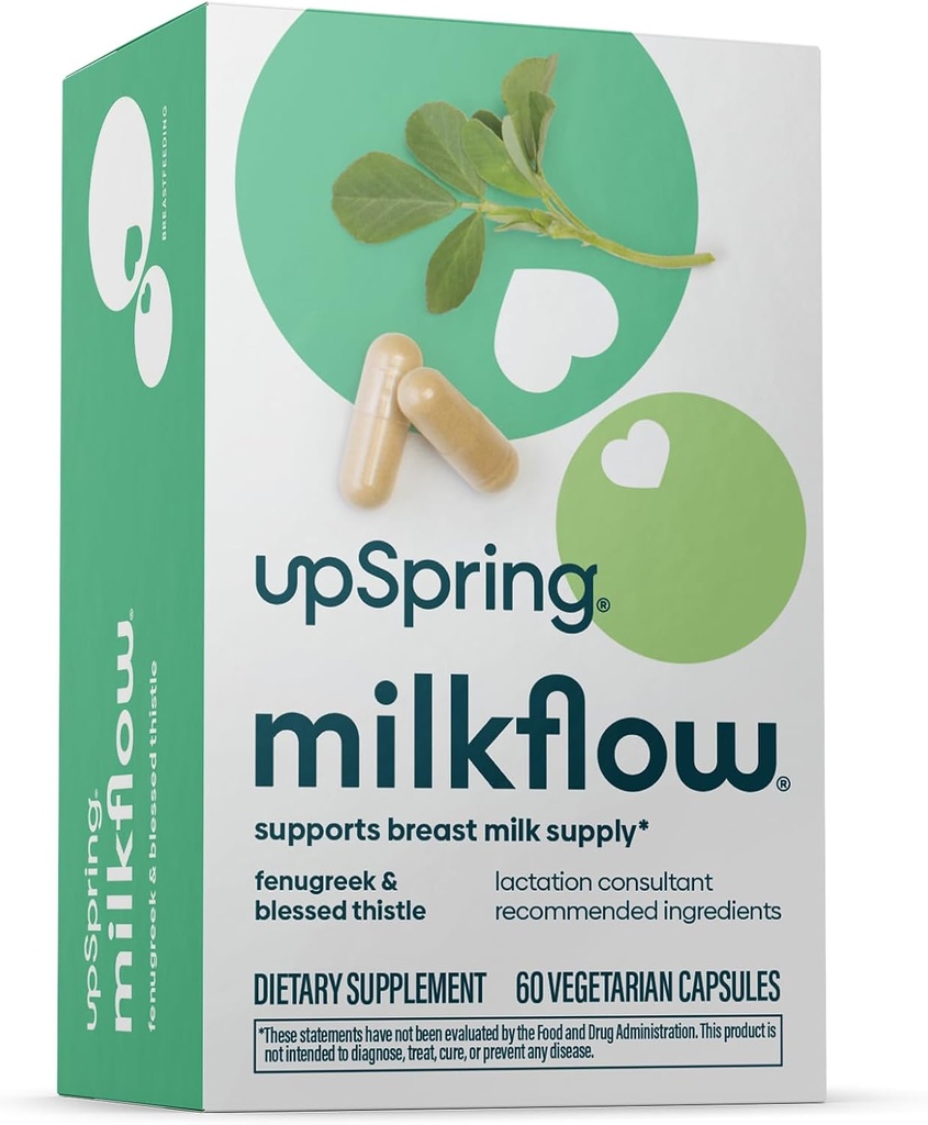 UpSpring Milkflow Laktácia Doplnky pre mlieko Supplement for Milk Supplement for Milk Supplementing, Dojčenie Supplements with Fenugreek & Blessed Thistle, Non-GMO, Laktácia Podpora 60 Vegan Kapsule