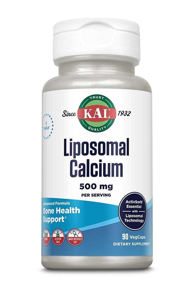 KAL Lipozomálne vápnik 500 mg, vysoká absorpcia kalcium doplnok, Essential Calcium Support, Vegan, Gluten Free, No Soy, 30 Servings, 90 VegCaps