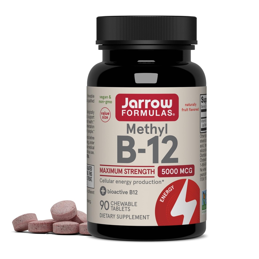 Jarrow Formulátory Vitamín B12 5000 mcg - Maximálna sila pre bunkovej energie a zdravie mozgu, 90 Cherry žuvacie tablety, B12 Vitamíny 5000 mcg