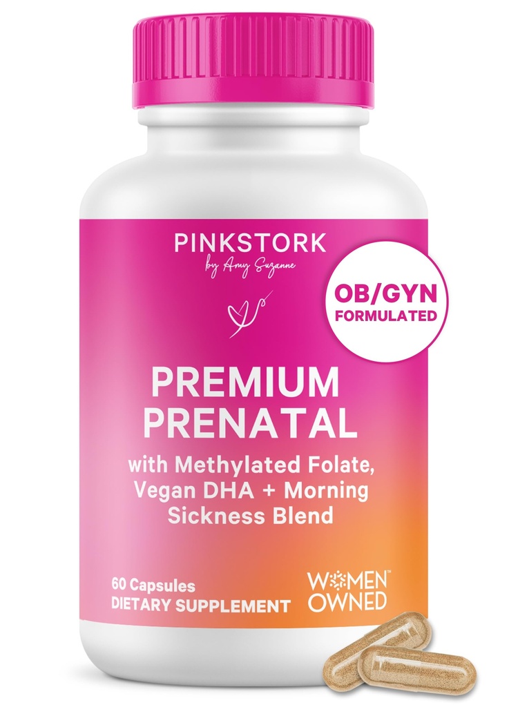 Pink Stork Premium prenatálny vitamín pre ženy - organické zložky pre celé jedlo, multivitamíny a probiotiká - ranná choroba, trávenie a energia - folát, B6, a železo - 60 kapsúl