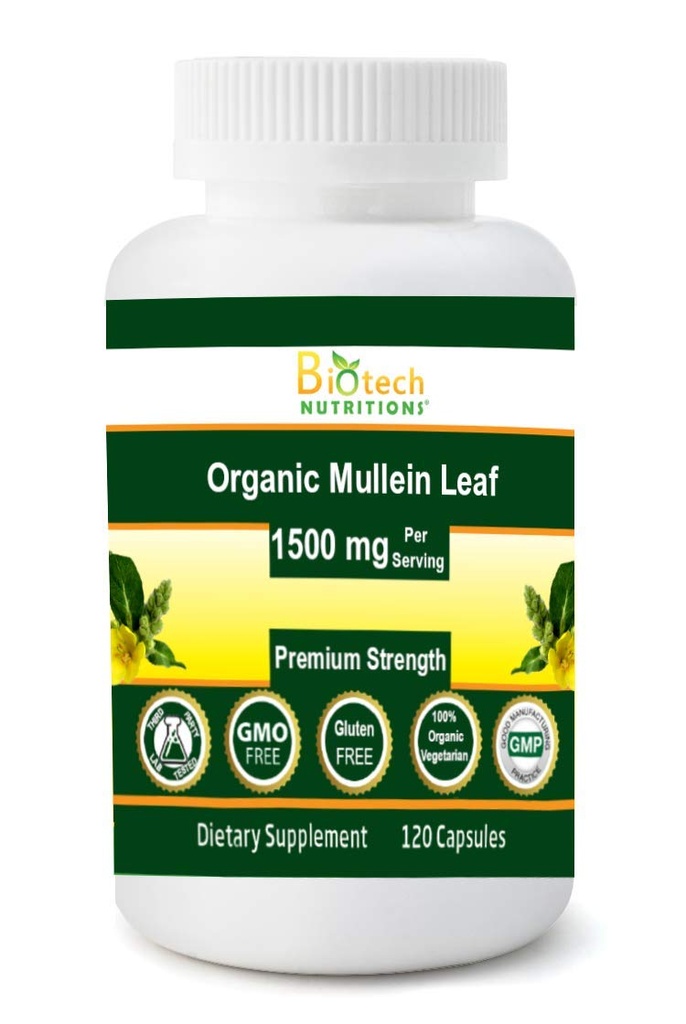 Organic Mullein Leaf 1500 mg Slúžiť 120 Rastlinné kapsule Vyrobené v USA