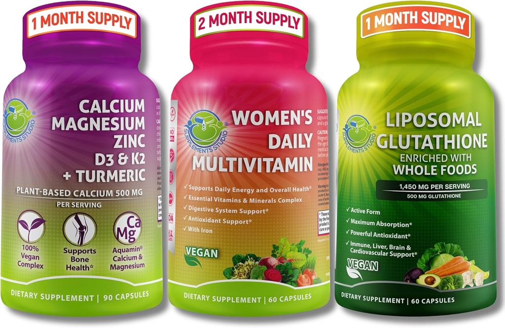 Vegan Bone & Immune Support Bundle - Lipozomálne Glutatión 500 mg s organickým celým jedlom + Dámske denné multivitamíny so železom a rastlinami na báze vápnika, horčíka, D3, K2, zinku a Turmérie
