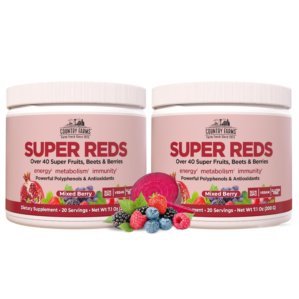 KRAJINA FARMY Super Reds, Energizujúci Polyfenol Superfood, Viac ako 40 Super Ovocie a bobuľové plody, Výkonný Antioxidanty a polyfenoly, Podporuje energiu, Podporuje cirkuláciu, 40 Slúži, Mixed Berry
