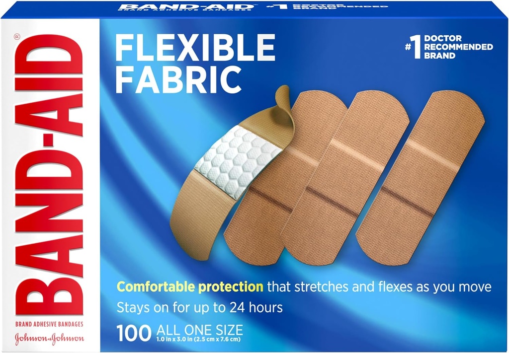 Band-Aid Značka Flexibilné tkaniny Sterilné adhezívne pásy, Pohodlné Cussioned Wound Care & Protection for Minor Cuts, Scrapes & Burns, First Aid, Hurt-Free Comfort Pad, Jedna veľkosť 1x3 V, 100 Počet