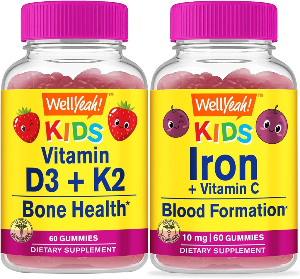 WellYeah Vitamín D3+K2 Deti + železo + vitamín C Deti, Gummy Bundle - veľké ochutnávky, vitamínové doplnky, bez lepku, bez GMO, Žuvacia Gummy
