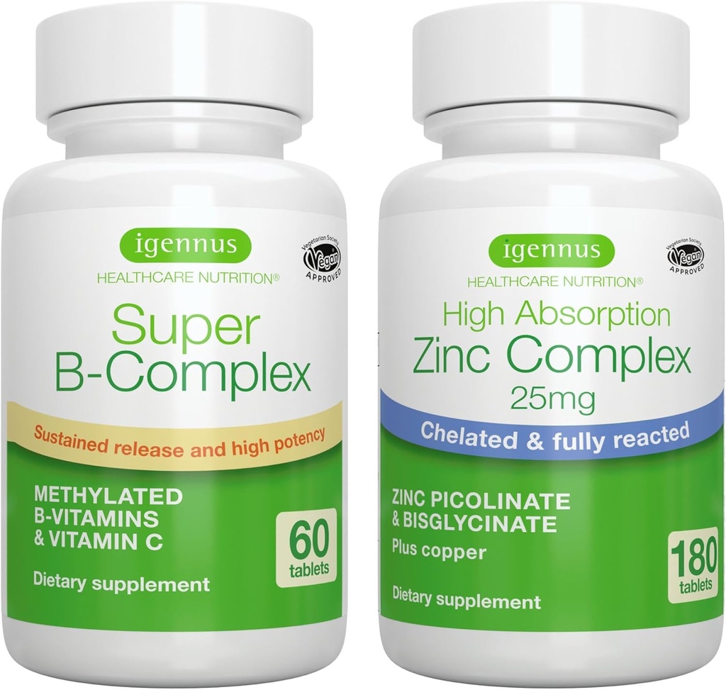 Super B-Complex + Zinkový komplex Vegan Bundle, Metylated Trvalé uvoľnenie B komplex + 25 mg oneskorený zinok pikolinát a bisglycinát s meďou, Igennus