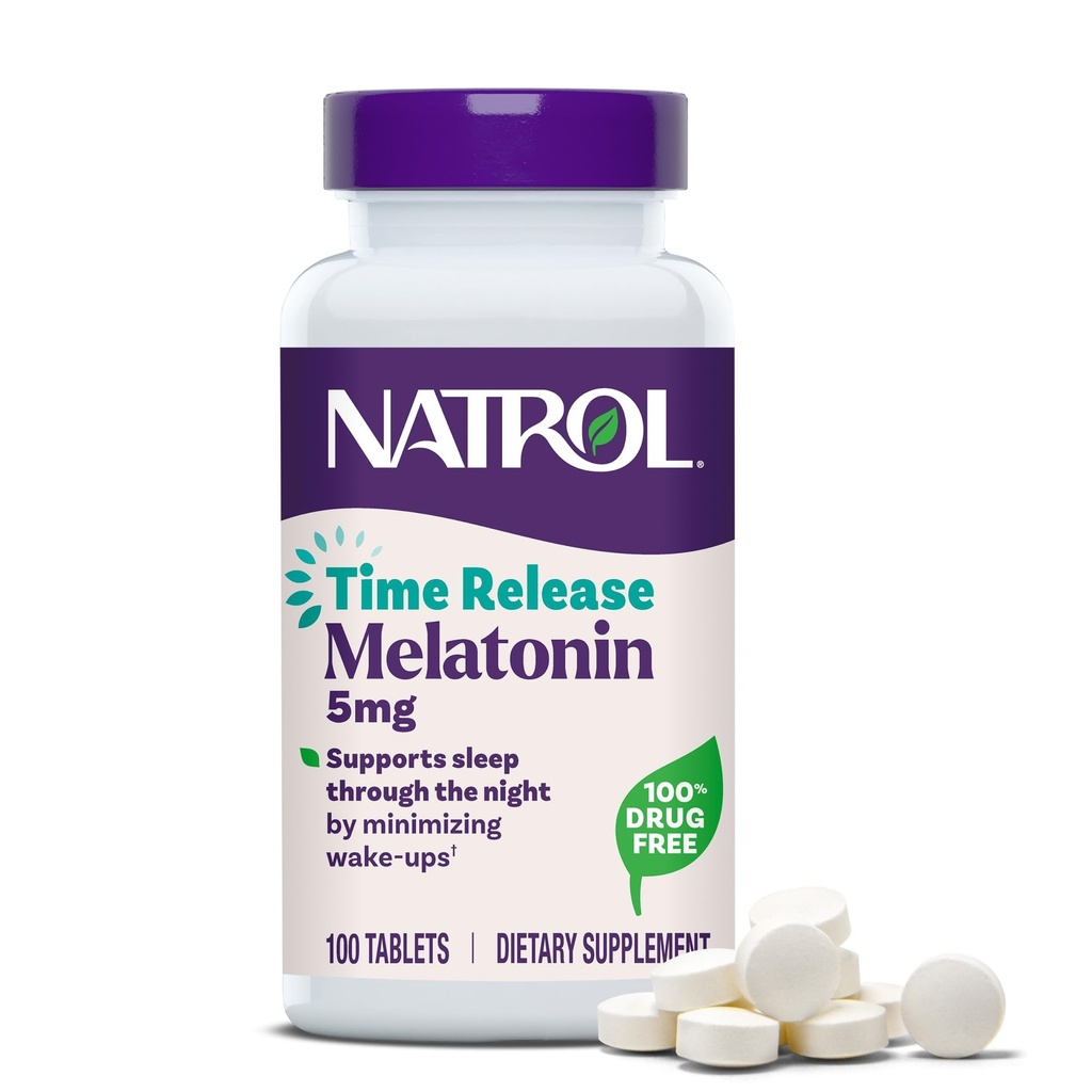 Natrol Melatonin 5 mg Time Release, Dietary Supplement to Minimalize Wake Ups, Nočný spánok, 100 tabliet, Až 100 dní dodávky