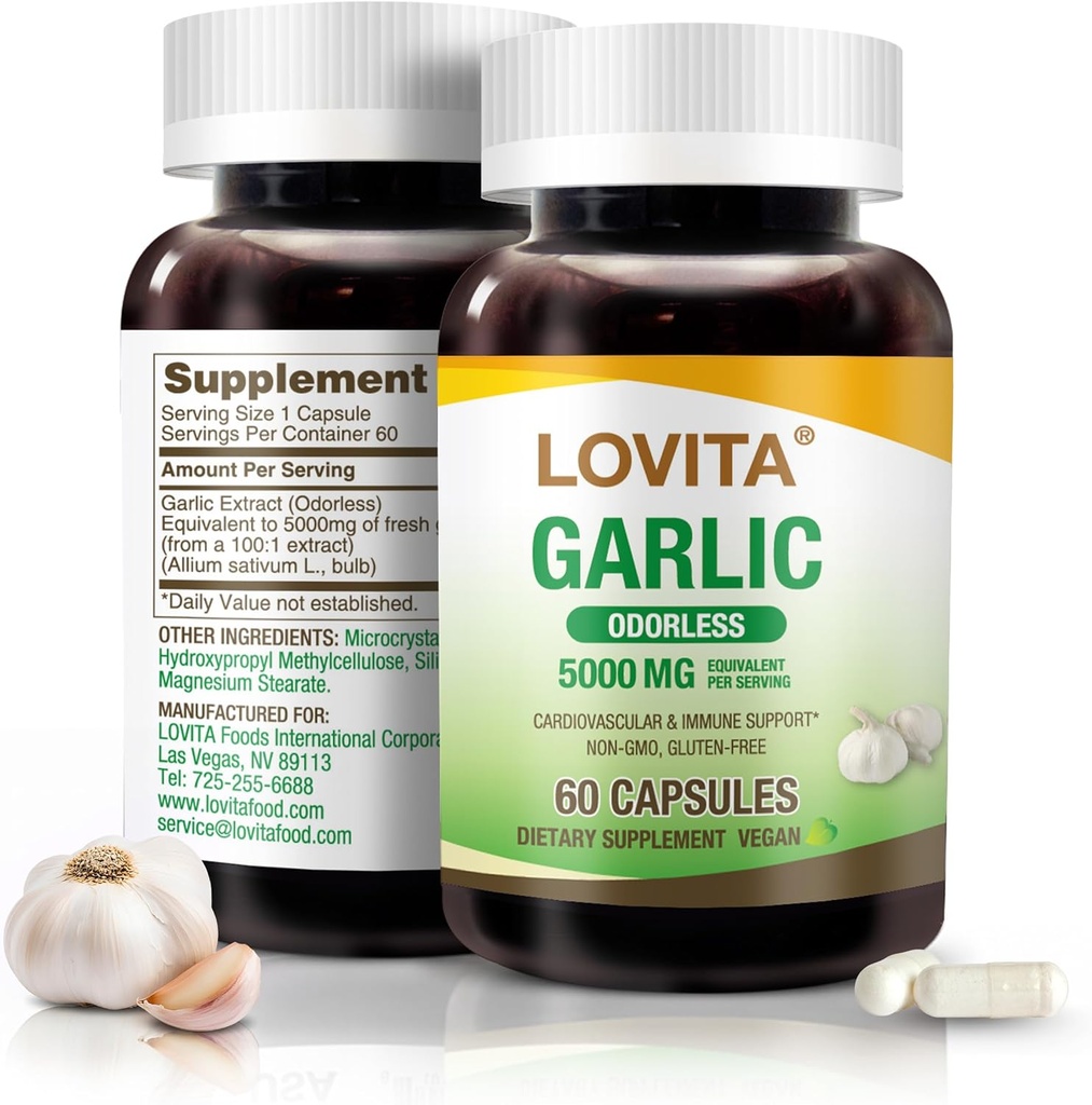 Lovita Odorless Cesnakové kapsule, 5000mg Fresh Cesnak Equivalent, 1,25% Allicin Extract, Supports Heart, Krvný tlak, Cholesterol & Immune System, Non-GMO, Gluten-Free, 60 Vegan Capsules