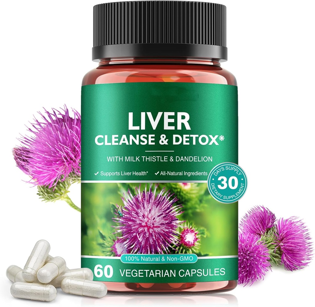 Pečeň Cleans & Detox pilulky pre Pečeň Zdravie Opravy - s mliekom Thitle extrakt, Púpava Root, Zázvor, Cviklový prášok a vitamíny - Prírodná podpora pečene, 60 Vegan Kapsule