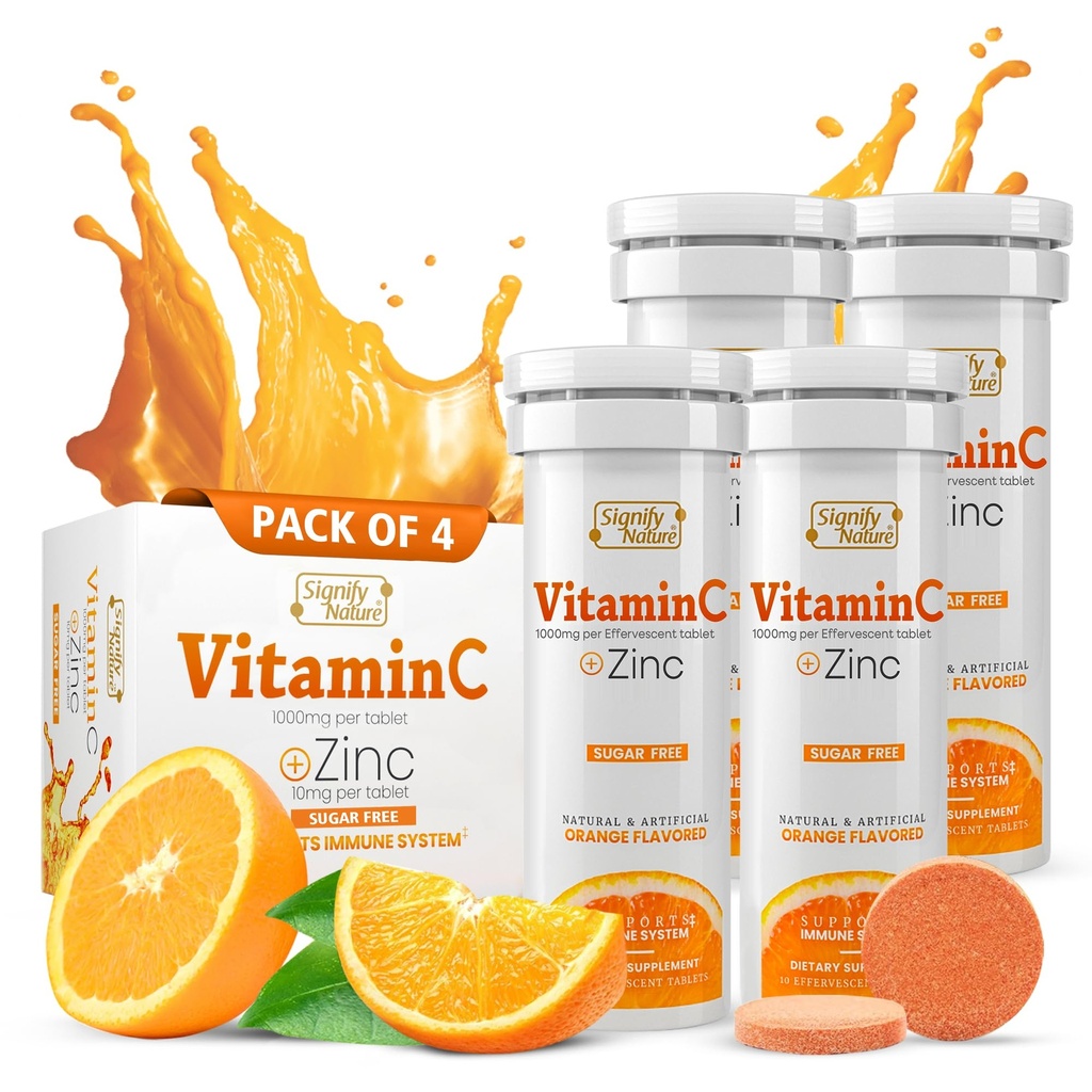 SIGIFY NATURE Vitamín C 1000mg Šumivý tablety - Silná imunitná podpora VIT C s zinkom doplnok - bez cukru a vegánov Formula 