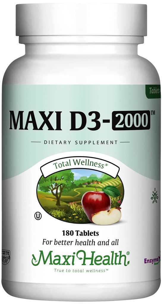 Maxi Health Kosher Vitamín D3 2000IU - Vysoko Absorbovateľné vitamín D doplnky pre zdravú imunitnú odpoveď, Absorpcia vápnika, zdravie zubov a kostí - D3 Vitamín 2000 IU -180 tabliet