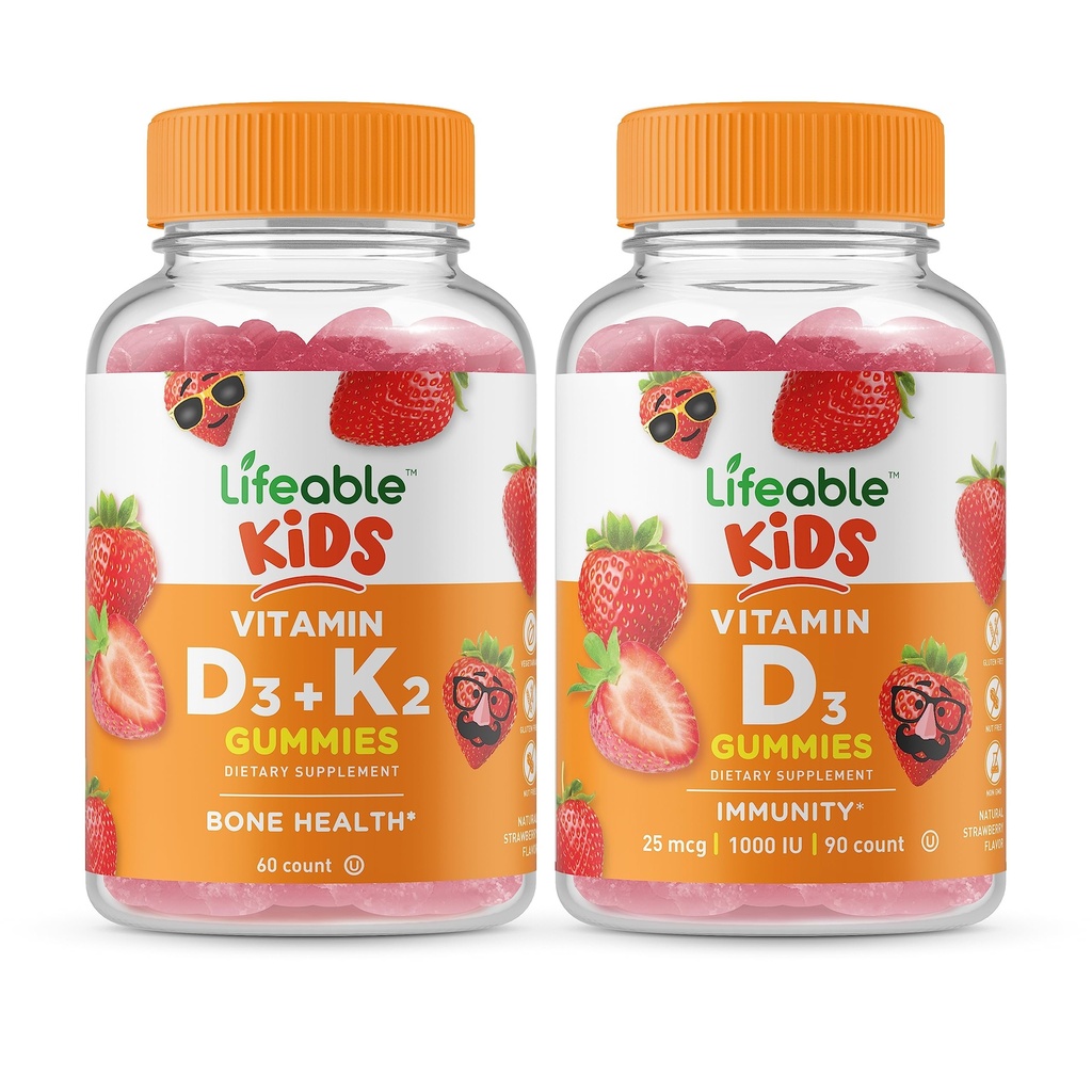 Životaschopný vitamín D3 + vitamín K2 Deti + vitamín D Deti, Gummy Bundle - veľké ochutnávky, vitamínové doplnky, bez lepidla, bez GMO, žuvacia Gummy