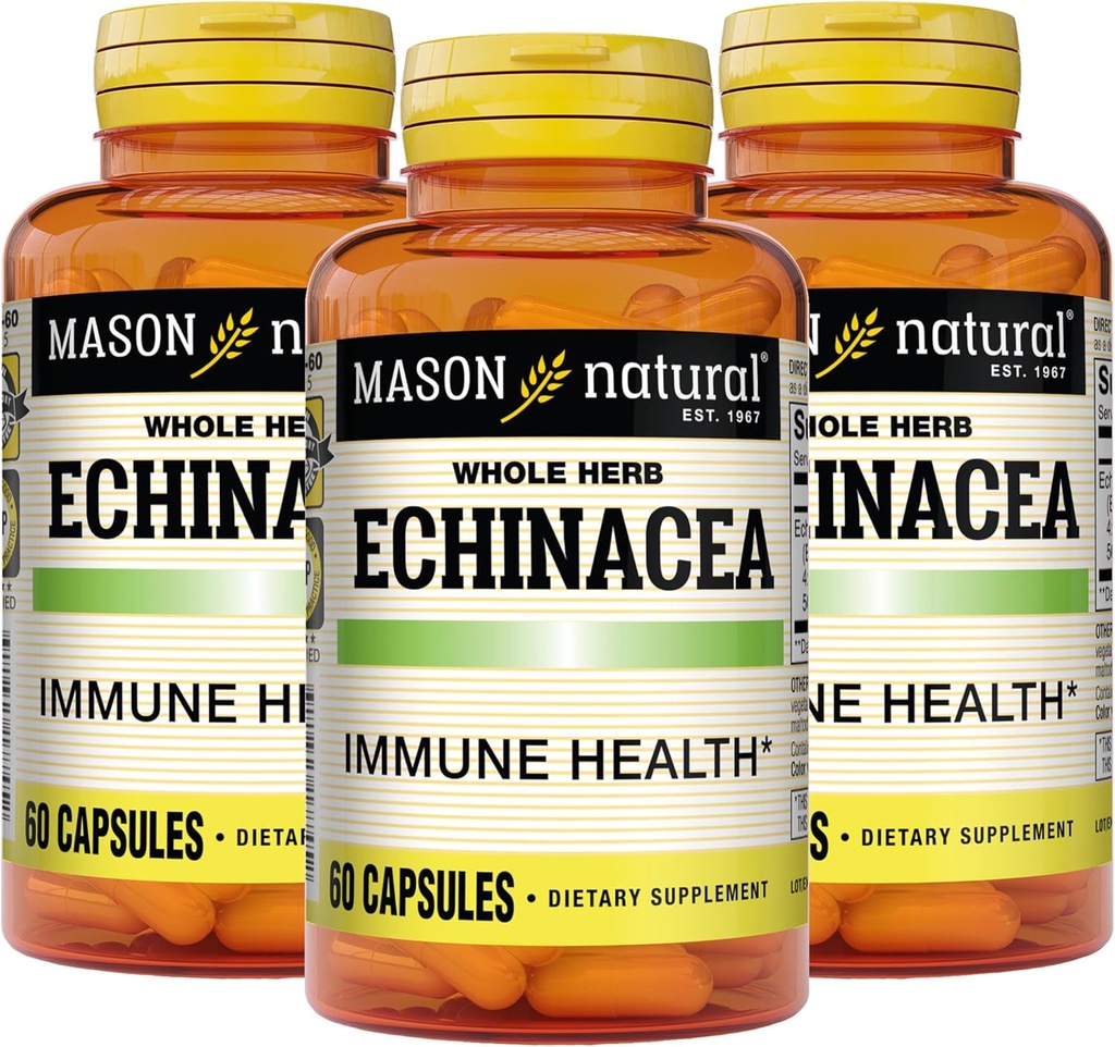 MASON NATURAL Echinacea, Imunitný systém Booster, podporuje celkové zdravie, bylinné doplnky, 60 kapsúl (dávka 3)