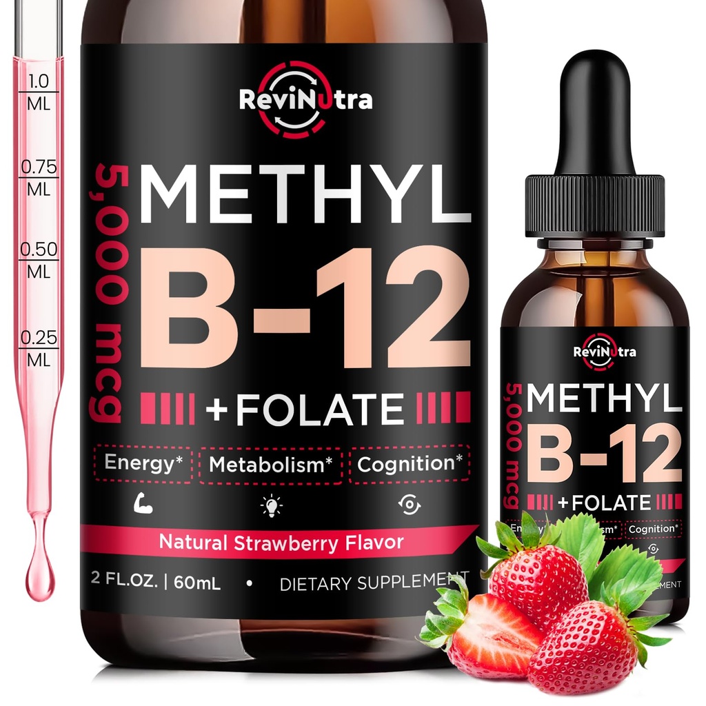 Vitamín B12 tekuté kvapky, B12 vitamíny 5000 mcg, vitamín B komplex doplnok s metylkobalamín B12 Sublingválne, vitamín B6, folát pre energiu, mozog, zdravie srdca, vegánska jahodová aróma 2 Fl Oz