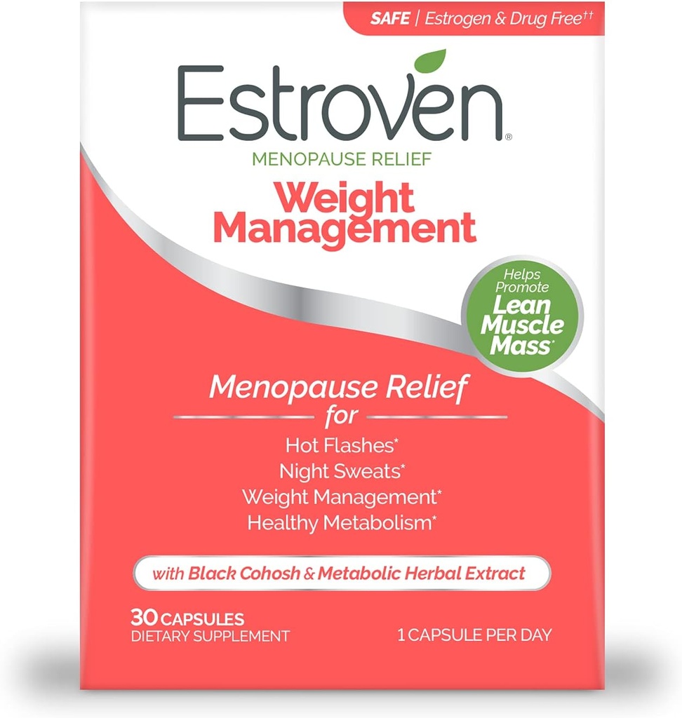 Estroven Menopauza Úľava Manažment hmotnosti 60 a 30 Klinicky preukázané Spravovať hmotnosť Hot Flash Nočné potenie