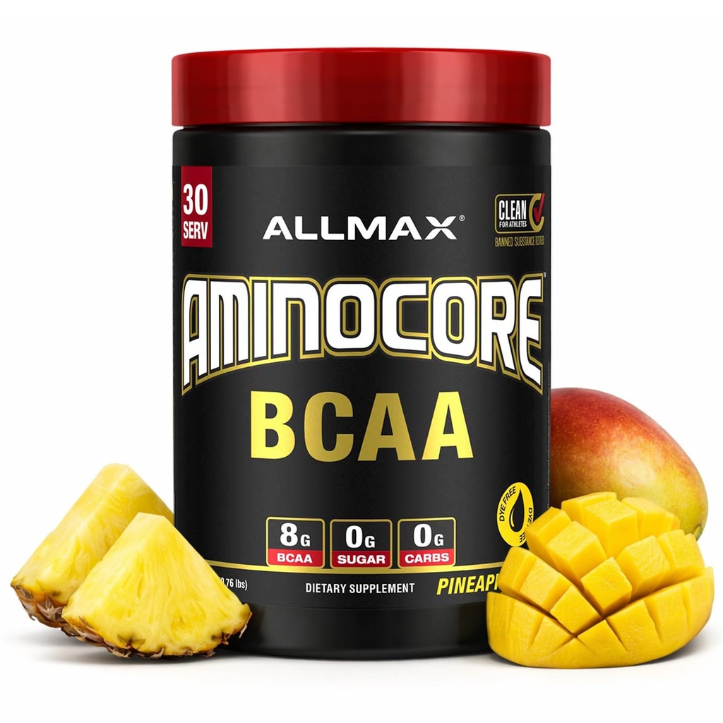 ALMMAX Nutrition AMINOCORE BCAA Powder, 8.18 Grams of Amino Acids, Intra and Post Workout Recovery Drink, Gluten Free, Ananás Mango, 315 g