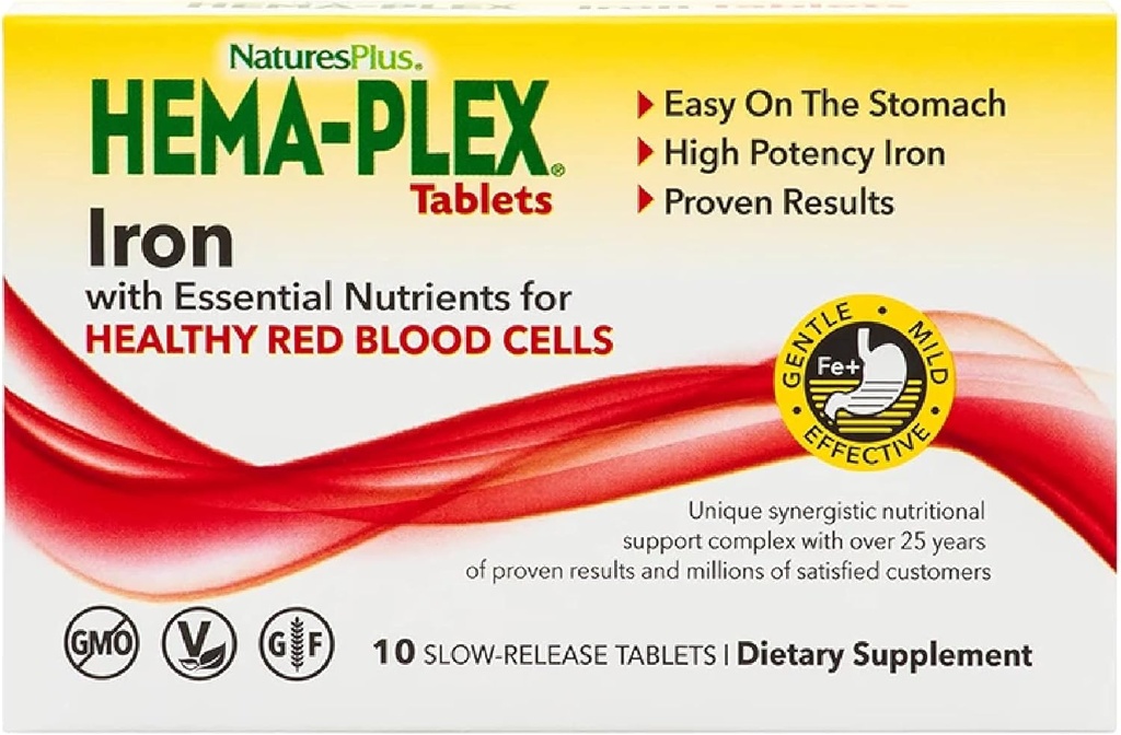 NaturesPlus Hema-Plex Iron - 10 Slow-Release Tablets - 85 mg Chelated Iron - Total Blood Health - with Vitamin C & Bioflavonoids - Vegan, Gluten Free - 10 Servings