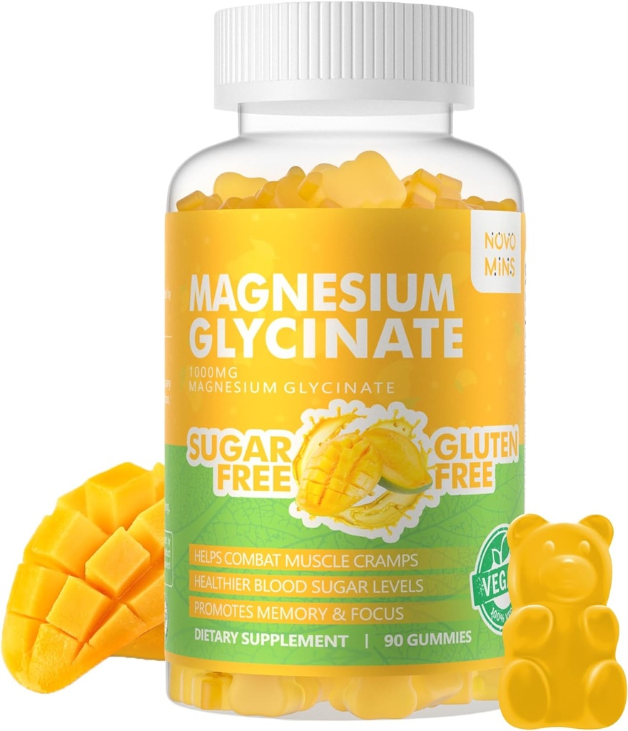 90 CT Magnézium Glycinate Gummies 1000mg - Bezcukrový horčík Draslík Supplement with Vitamin D, B6, CoQ10 for Calm Mood & Sleep Support - 90 Mango Ananás Gummies