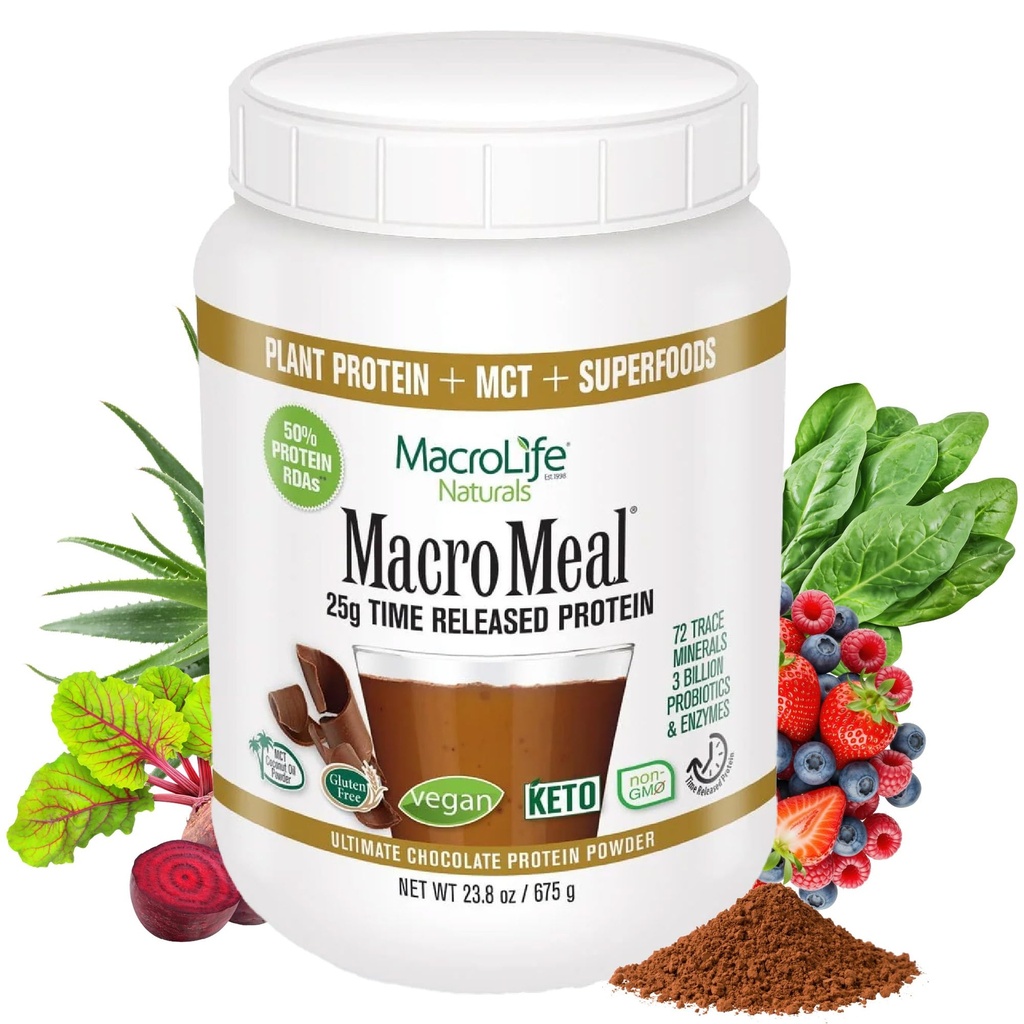 MacroLife Naturals MacroMeal Vegan čokoláda Protein Powder Superfood Greens Probiotiká + Fiber, Immune Energy Digestive Daily Essentials for Women & Men Gluten-free - 23.8oz (15 Servings) Čokoláda